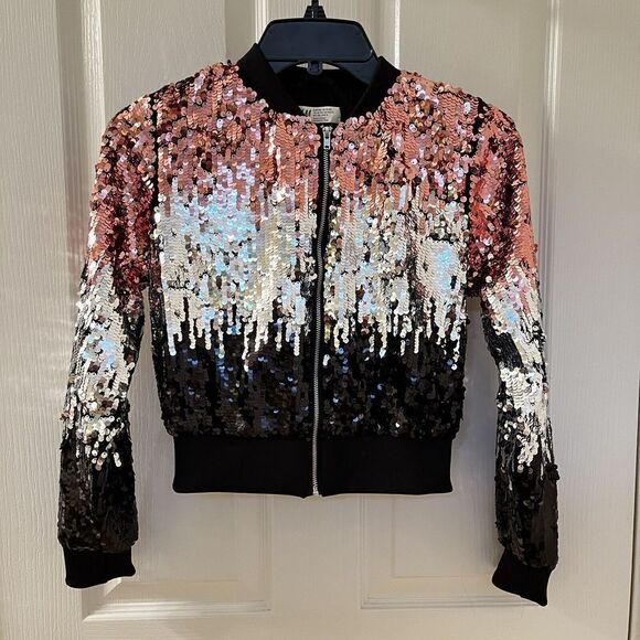 H&M Girls Ombre Black Silver Pink Sequin Bomber Jacket Size 10-11 years - Picture 1 of 15